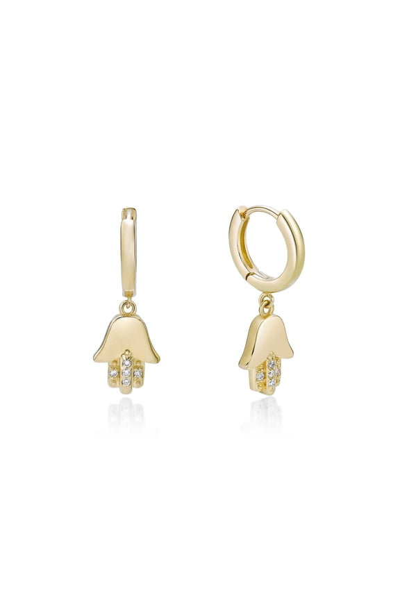 18K Yellow Gold Plated 925 Sterling Silver Hamsa Hand Earrings With Diamond