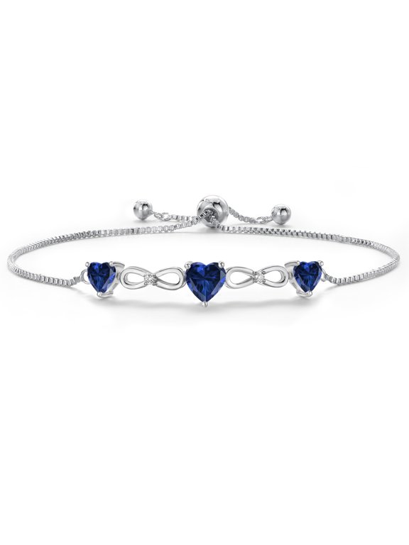 18K Yellow Gold Plated Blue Created Sapphire and White Moissanite Tennis Bracelet for Women | 1.80 Cttw | Gemstone September Birthstone | Heart Shape 6MM and 5MM | Fully Adjustable up to 9 inch