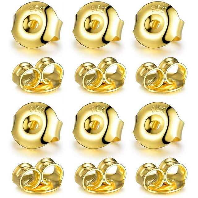 18K Yellow Gold Plated Earring Backs Replacements, 925 Sterling Silver Earring Backs Hypoallergenic Secure Earring Backs for Studs, 12PCS/6 Pair