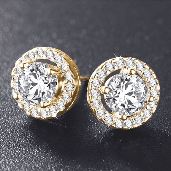 18K Yellow Gold Plated Enchanted Halo 3.32 Tcw Round Cut Simulated Diamond CZ Stud Earrings for Woman