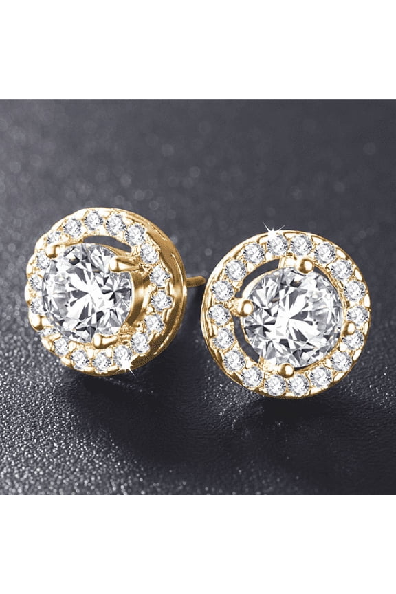 18K Yellow Gold Plated Enchanted Halo 3.32 Tcw Round Cut Simulated Diamond CZ Stud Earrings for Woman