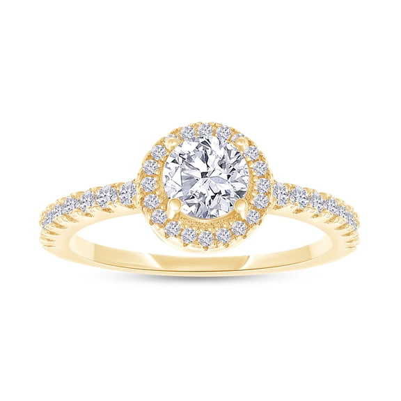 18K Yellow Gold Plated Halo Ring | Center 5MM Moissanite Diamond Ring for Women | Round Engagement Promise Rings for Her (0.70 Ctw) Ring Size-6