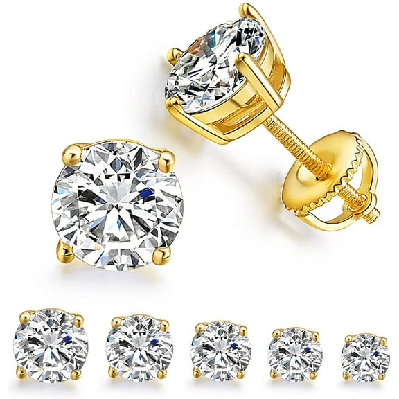 18K Yellow Gold Plated Hypoallergenic 4-Prongs 3-7mm Clear Round Cut Cubic Zirconia Screw Back Earrings Stud for Women and Men ( 5 Pairs )