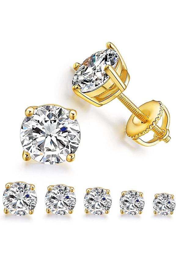 18K Yellow Gold Plated Hypoallergenic 4-Prongs 3-7mm Clear Round Cut Cubic Zirconia Screw Back Earrings Stud for Women and Men ( 5 Pairs )