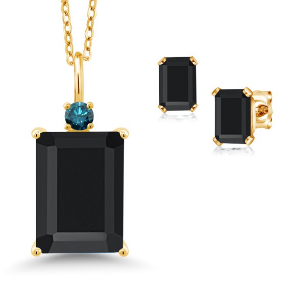 18K Yellow Gold Plated Silver Black Onyx and Blue Diamond Pendant Necklace Earrings Set for Women (7.82 Cttw, Gemstone December Birthstone, Emerald Cut 14X10MM and 6X4MM, with 18 inch Chain)