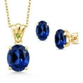 thumbnail image 1 of 18K Yellow Gold Plated Silver Blue Created Sapphire and Green Peridot Pendant and Earrings Jewelry Set for Women (8.25 Cttw, Gemstone Birthstone, Oval 11X9MM and 8X6MM with 18 inch Silver Chain), 1 of 3
