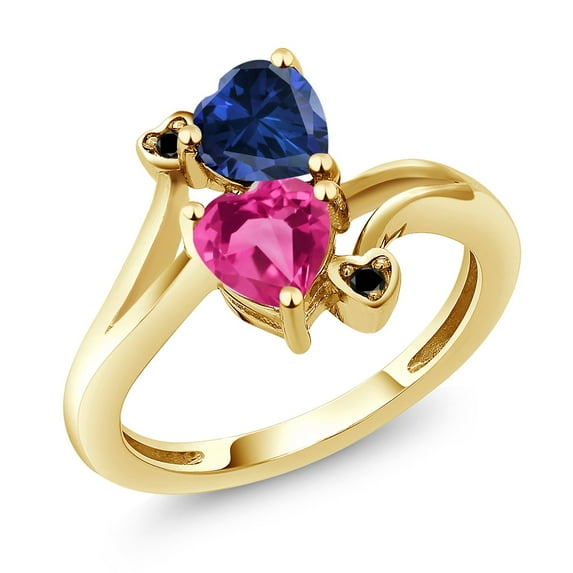 Gem Stone King 18K Yellow Gold Plated Silver Blue Created Sapphire Pink Created Sapphire and Black Diamond Ring for Women (1.63 Cttw, Heart Shape 6MM, Gemstone September Birthstone, Size 7)