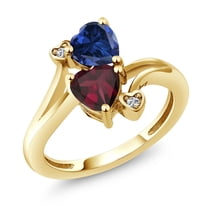 Gem Stone King 18K Yellow Gold Plated Silver Blue Created Sapphire Red Rhodolite Garnet and White Moissanite Ring for Women (1.55 Cttw, Heart Shape 6MM, Gemstone Birthstone, Size 7)