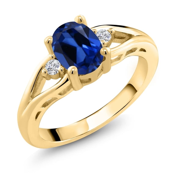 18K Yellow Gold Plated Silver Blue Created Sapphire and White Lab Grown Diamond 3 Stone Engagement Ring for Women | 1.68 Cttw | Oval 8X6MM | Round 2MM | Gemstone September Birthstone | Size 9
