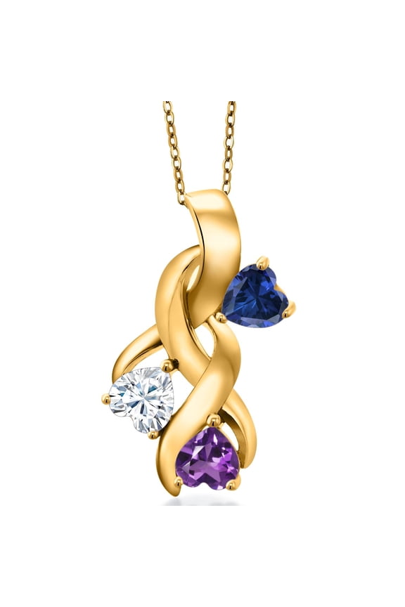 18K Yellow Gold Plated Silver Blue Created Sapphire and White Moissanite and Purple Amethyst Pendant for Women (1.34 Cttw, Gemstone September Birthstone, Heart Shape 5MM, 18 inch Chain)