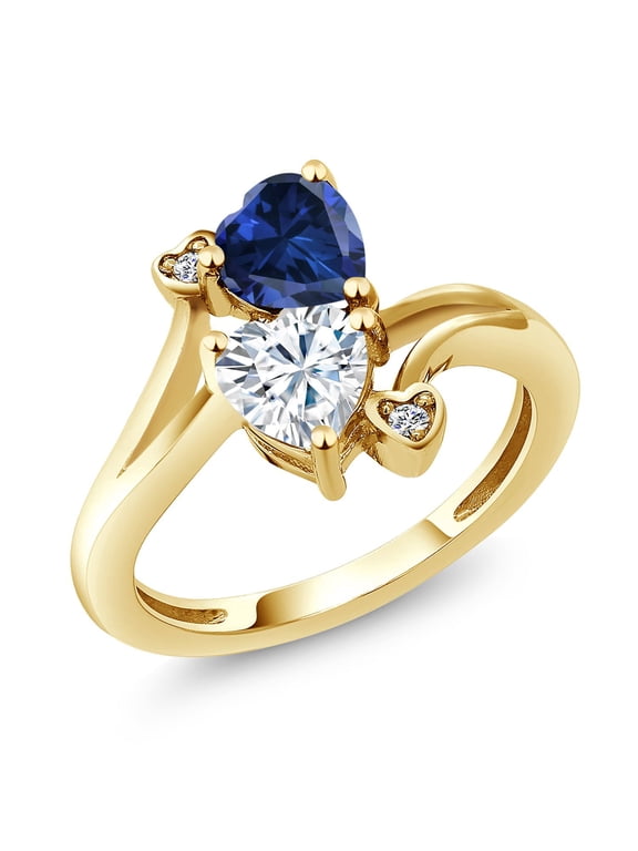 18K Yellow Gold Plated Silver Blue Created Sapphire White Moissanite and White Lab Grown Diamond Ring for Women (1.63 Cttw, Heart Shape 6MM, Gemstone Birthstone, Size 5)
