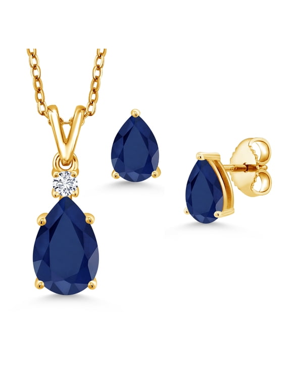18K Yellow Gold Plated Silver Blue Sapphire and White Lab Grown Diamond Pendant and Earrings Jewelry Set for Women (4.01 Cttw, September Birthstone, Pear Shape 10X7MM and 7X5MM, with 18 inch Chain)