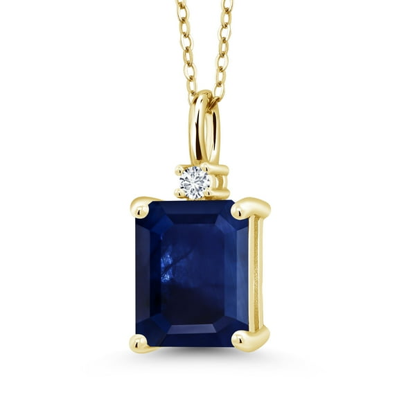 18K Yellow Gold Plated Silver Blue Sapphire and White Lab Grown Diamond Pendant Necklace for Women (3.49 Cttw, Gemstone September Birthstone, Emerald Cut 10X8MM with 18 inch Silver Chain)