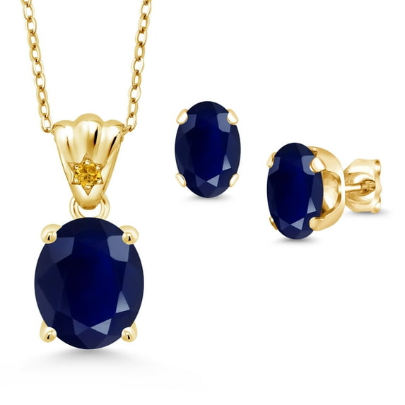 18K Yellow Gold Plated Silver Blue Sapphire and Yellow Created Sapphire Pendant and Earrings Jewelry Set for Women (8.15 Cttw, Gemstone Birthstone, Oval 11X9MM and 8X6MM with 18 inch Silver Chain)