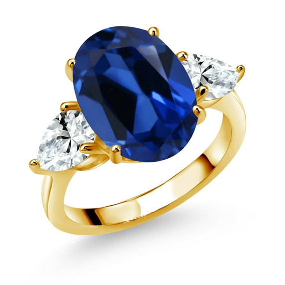 Gem Stone King 18K Yellow Gold Plated Silver Blue Simulated Sapphire and White Created Sapphire Ring for Women (8.00 Cttw, 14X10MM Oval and 7X5MM Pear Shape, Gemstone, Size 7)