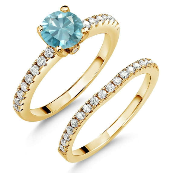18K Yellow Gold Plated Silver Blue Zircon and White Moissanite Wedding Engagement Band Bridal Set Ring for Women (1.69 Cttw, Gemstone December Birthstone, Available in Size 5, 6, 7, 8, 9)