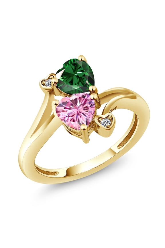 18K Yellow Gold Plated Silver Green Nano Emerald Pink Moissanite and White Moissanite Ring for Women (1.53 Cttw, Heart Shape 6MM, Gemstone May Birthstone, Size 6)