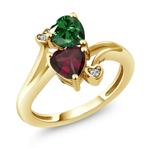 Gem Stone King 18K Yellow Gold Plated Silver Green Nano Emerald Red Rhodolite Garnet and White Lab Grown Diamond Ring for Women (1.45 Cttw, Heart Shape 6MM, Gemstone May Birthstone, Size 8)