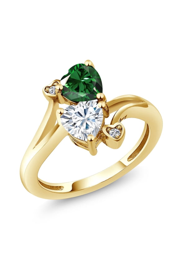 18K Yellow Gold Plated Silver Green Nano Emerald White Moissanite and White Lab Grown Diamond Ring for Women (1.53 Cttw, Heart Shape 6MM, Gemstone May Birthstone, Size 7)