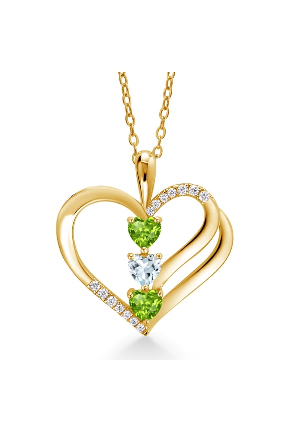 18K Yellow Gold Plated Silver Green Peridot and Sky Blue Aquamarine and White Moissanite 3-Stone Pendant Necklace for Women (0.95 Cttw, August Birthstone, Heart Shape 4MM, with 18 inch Silver Chain)