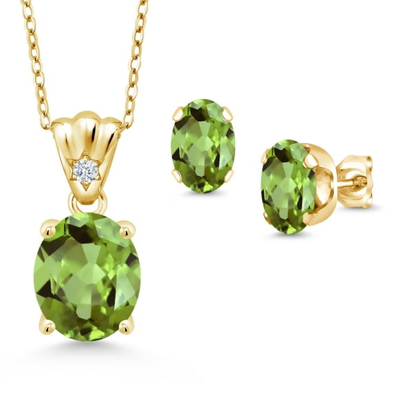 18K Yellow Gold Plated Silver Green Peridot and White Zirconia Pendant and Earrings Jewelry Set for Women (5.87 Cttw, Gemstone Birthstone, Oval 11X9MM and 8X6MM with 18 inch Silver Chain)