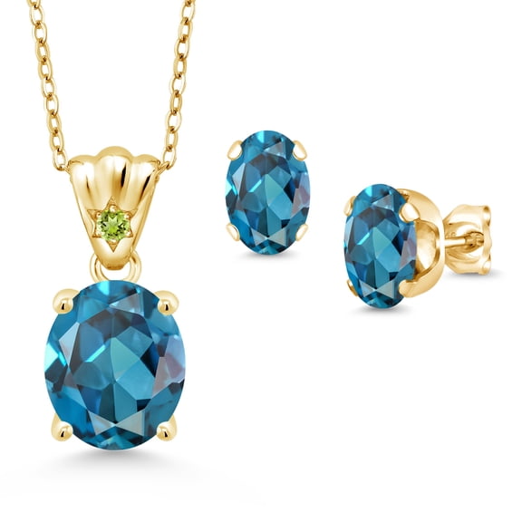 18K Yellow Gold Plated Silver London Blue Topaz and Green Peridot Pendant and Earrings Jewelry Set for Women (7.25 Cttw, Gemstone Birthstone, Oval 11X9MM and 8X6MM with 18 inch Silver Chain)