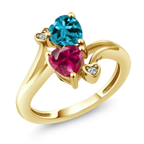Gem Stone King 18K Yellow Gold Plated Silver London Blue Topaz Red Created Ruby and White Diamond Ring for Women (1.95 Cttw, Heart Shape 6MM, Gemstone November Birthstone, Size 7)