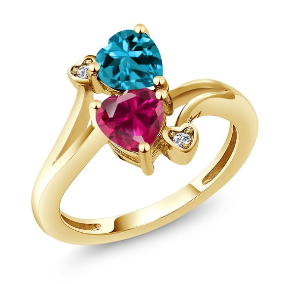 Gem Stone King 18K Yellow Gold Plated Silver London Blue Topaz Red Created Ruby and White Lab Grown Diamond Ring for Women (1.94 Cttw, Heart Shape 6MM, Gemstone November Birthstone, Size 6)