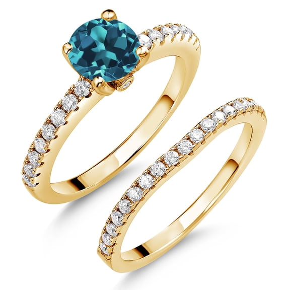 18K Yellow Gold Plated Silver London Blue Topaz and White Moissanite Wedding Engagement Band Bridal Set Ring for Women (1.59 Cttw, Gemstone November Birthstone, Available in Size 5, 6, 7, 8, 9)