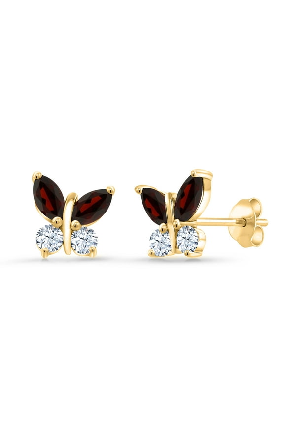 18K Yellow Gold Plated Silver Marquise Red Garnet and White Created Sapphire Butterfly Earrings for Women (1.56 Cttw, Gemstone January Birthstone, Center Stone: 6X3MM, Small Stones: 3MM)