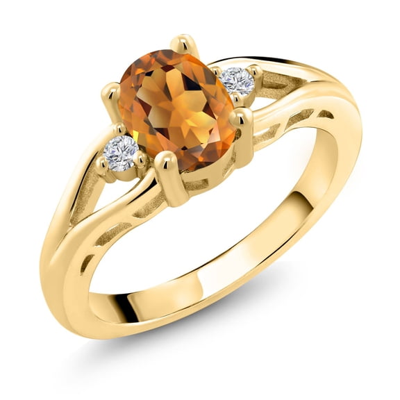 18K Yellow Gold Plated Silver Orange Red Madeira Citrine and White Lab Grown Diamond 3 Stone Engagement Ring for Women | 1.18 Cttw | Oval 8X6MM | Round 2MM | Gemstone November Birthstone | Size 5