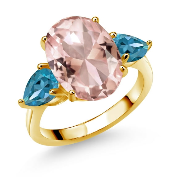 Gem Stone King 18K Yellow Gold Plated Silver Peach Nano Morganite and London Blue Topaz Ring for Women (10.74 Cttw, 14X10MM Oval and 7X5MM Pear Shape, Gemstone October Birthstone, Size 9)