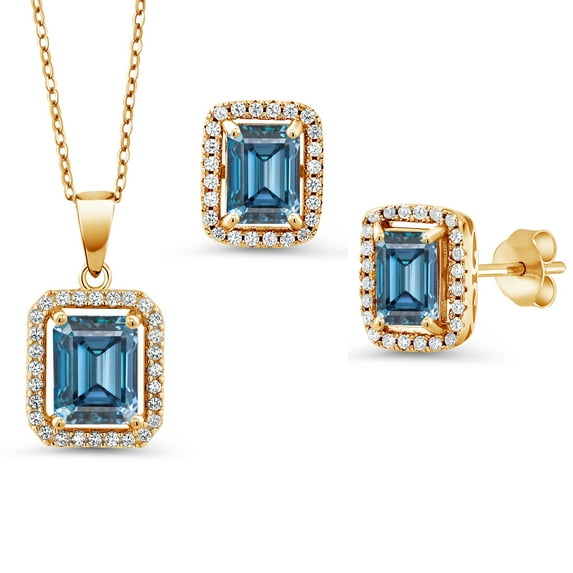 18K Yellow Gold Plated Silver Persian Blue Moissanite Pendant and Earrings Jewelry Set for Women | 5.72 Cttw | Emerald Cut 9X7MM and 8X6MM | Gemstone Birthstone | with 18 inch Silver Chain