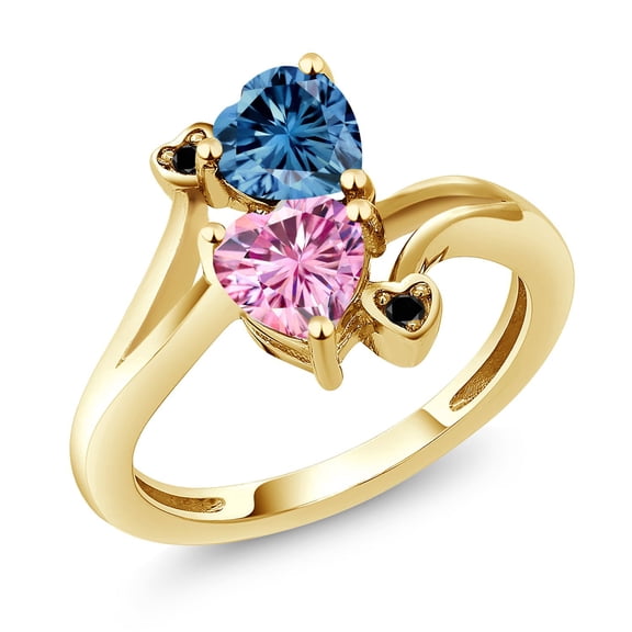 Gem Stone King 18K Yellow Gold Plated Silver Persian Blue Moissanite Pink Moissanite and Black Diamond Ring for Women (1.63 Cttw, Heart Shape 6MM, Gemstone Birthstone, Size 6)
