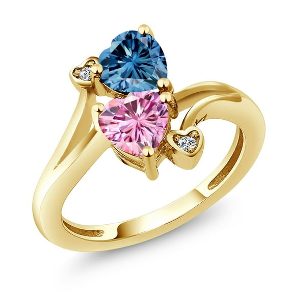 Gem Stone King 18K Yellow Gold Plated Silver Persian Blue Moissanite Pink Moissanite and White Diamond Ring for Women (1.63 Cttw, Heart Shape 6MM, Gemstone Birthstone, Size 6)