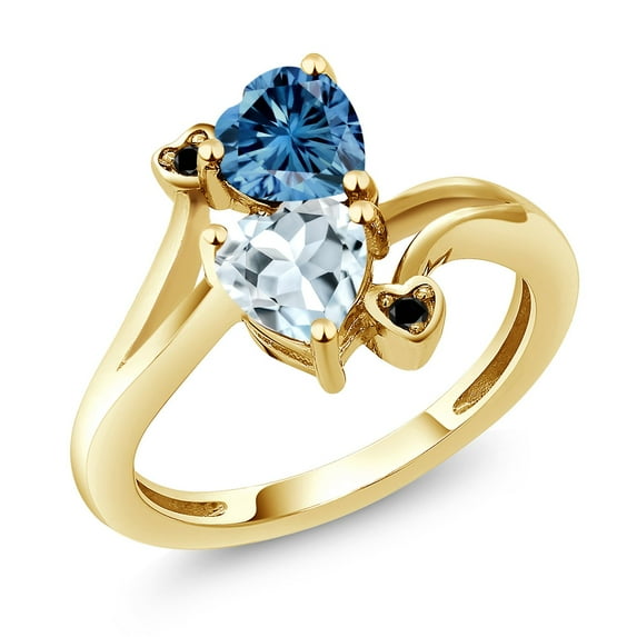 Gem Stone King 18K Yellow Gold Plated Silver Persian Blue Moissanite Sky Blue Aquamarine and Black Diamond Ring for Women (1.56 Cttw, Heart Shape 6MM, Gemstone Birthstone, Size 7)