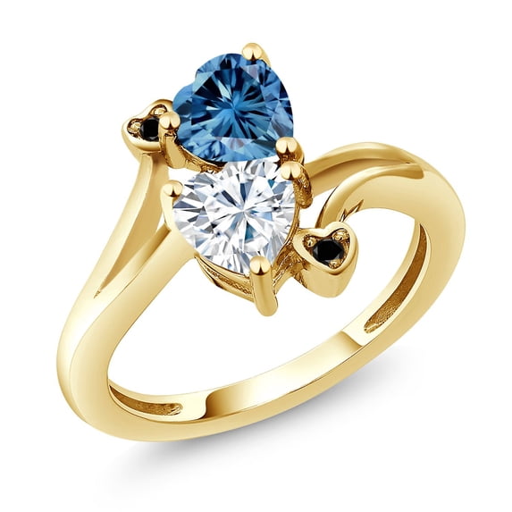 Gem Stone King 18K Yellow Gold Plated Silver Persian Blue Moissanite White Moissanite and Black Diamond Ring for Women (1.63 Cttw, Heart Shape 6MM, Gemstone Birthstone, Size 7)