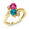 thumbnail image 1 of Gem Stone King 18K Yellow Gold Plated Silver Pink Created Sapphire London Blue Topaz and White Diamond Ring for Women (1.78 Cttw, Heart Shape 6MM, Gemstone September Birthstone, Size 6), 1 of 6