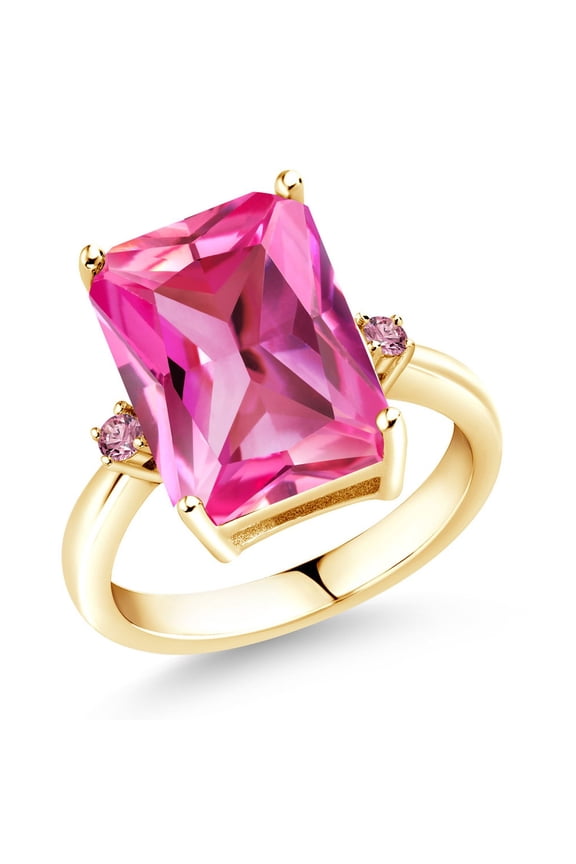 18K Yellow Gold Plated Silver Pink Created Sapphire and Pink Lab Grown Diamond Ring for Women (10.08 Cttw, Emerald Cut 14x10MM, Gemstone September Birthstone, Size 5)
