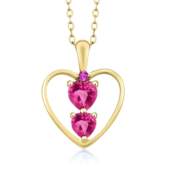 18K Yellow Gold Plated Silver Pink Created Sapphire and Pink Sapphire Pendant Necklace for Women (1.11 Cttw, Gemstone September Birthstone, Heart 5MM and 4MM, with 18 inch Silver Chain)