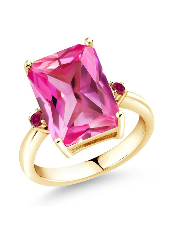 18K Yellow Gold Plated Silver Pink Created Sapphire and Red Created Ruby Ring for Women (10.10 Cttw, Emerald Cut 14x10MM, Gemstone September Birthstone, Size 5)