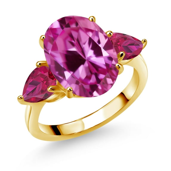 Gem Stone King 18K Yellow Gold Plated Silver Pink Created Sapphire and Red Created Ruby Ring for Women (8.00 Cttw, 14X10MM Oval and 7X5MM Pear Shape, Gemstone September Birthstone, Size 9)