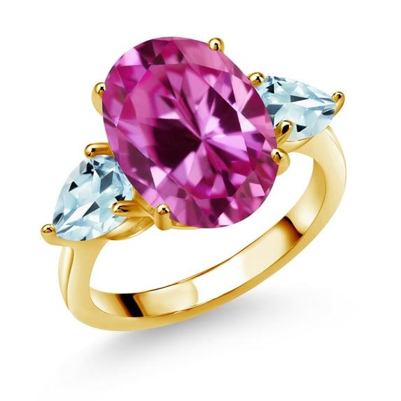18K Yellow Gold Plated Silver Pink Created Sapphire and Sky Blue Aquamarine Ring for Women (7.30 Cttw, 14X10MM Oval and 7X5MM Pear Shape, Gemstone September Birthstone, in Size 5, 6, 7, 8, 9)