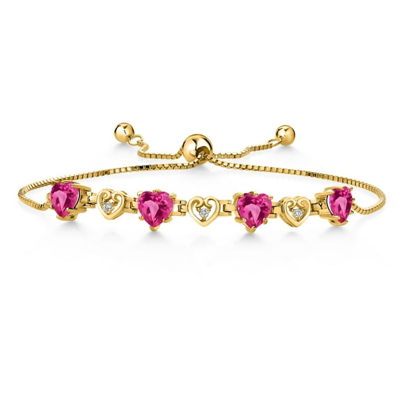 18K Yellow Gold Plated Silver Pink Created Sapphire and White Lab Grown Diamond Bracelet for Women (3.24Cttw, Gemstone September Birthstone, Heart Shape 6X6MM, Fully Adjustable up to 9 inches)