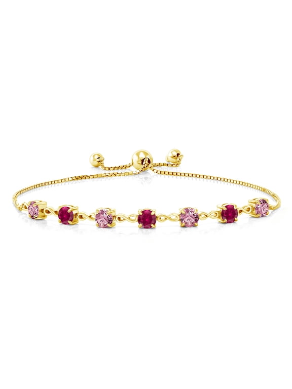 18K Yellow Gold Plated Silver Pink Lab Grown Diamond and Red Created Ruby Infinity Tennis Bracelet for Women (2.64 Cttw, Gemstone April Birthstone, Round 4.5MM, Fully Adjustable up to 9 inch)