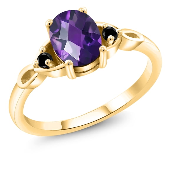 Gem Stone King 18K Yellow Gold Plated Silver Purple Amethyst and Black Diamond 3-Stone Rings for Women (1.27 Cttw, Gemstone February Birthstone, Oval Checkerboard 8X6MM, Size 6)