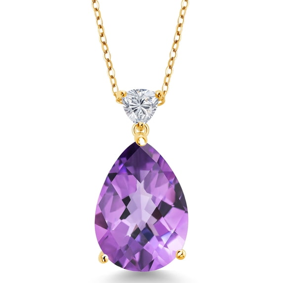 18K Yellow Gold Plated Silver Purple Amethyst and Lab Grown Diamond Pendant Necklace for Women | 10.19 Cttw | Gemstone February Birthstone | Pear Shape Checkerboard 18X13MM | With 18 inch Chain