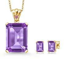 18K Yellow Gold Plated Silver Purple Amethyst and Pink Lab Grown Diamond Pendant and Earrings Jewelry Set for Women (16.07 Cttw, February Birthstone, Emerald Cut 18X13MM and 6X4MM, with 18 inch Chain)