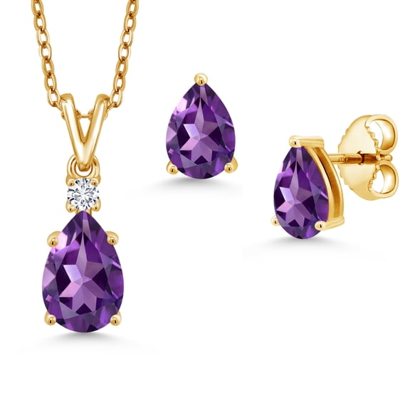 18K Yellow Gold Plated Silver Purple Amethyst and White Diamond Pendant and Earrings Jewelry Set for Women | 2.44 Cttw | Gemstone February Birthstone | Pear Shape 9X6MM | With 18 inch Chain