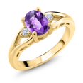 thumbnail image 1 of 18K Yellow Gold Plated Silver Purple Amethyst and White Moissanite 3 Stone Engagement Ring for Women | 1.28 Cttw | Oval Checkerboard 8X6MM | Round 2MM | Gemstone February Birthstone | Size 8, 1 of 6